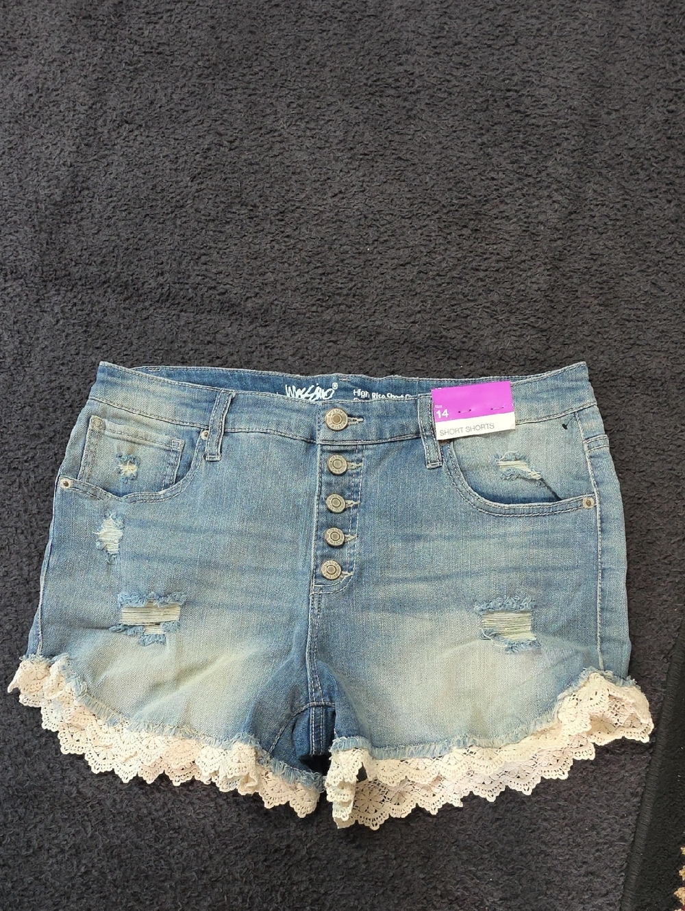 NWT Sz 14 32 Button Front High Rise Blue Distressed Denim Shorts Cream Lace New